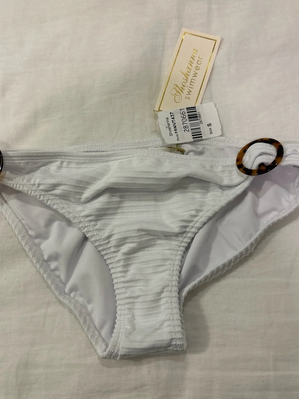 Shoshanna White Ribbed Bikini Bottom with Tortoiseshell Hip Rings - Picture 1 of 3